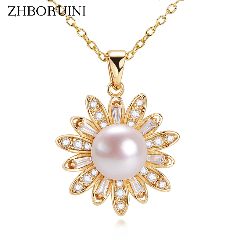 ZHBORUIN Pearl Pendant Natural Freshwater Pearl Necklace 14K Gold Plated Zircon Flower Chain Romantic Jewelry Gift Accessories