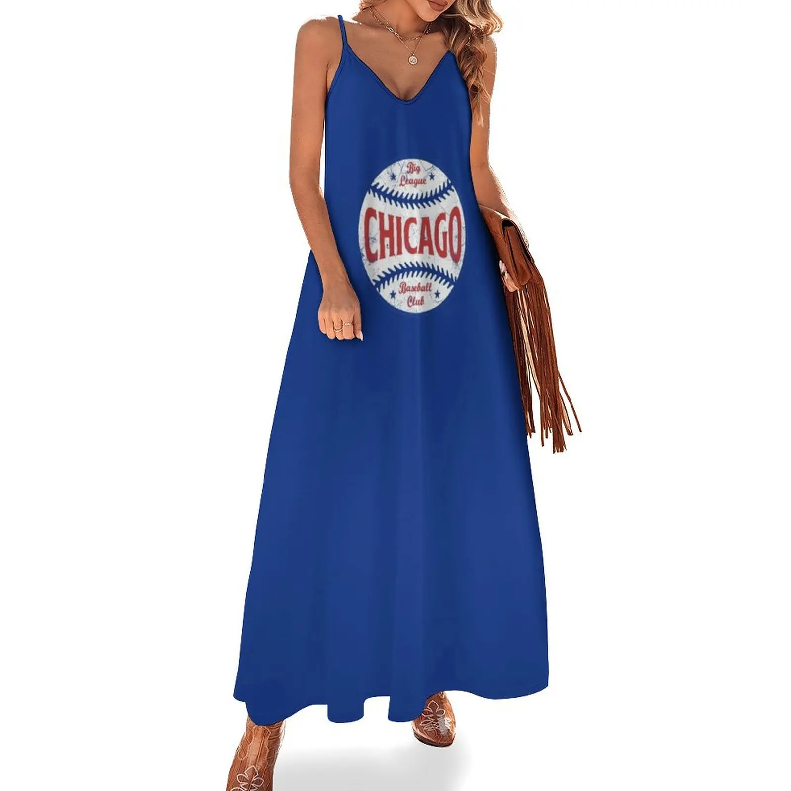 

Chicago Retro Big League Baseball - Blue Sleeveless Long Dress women long dresses Dress