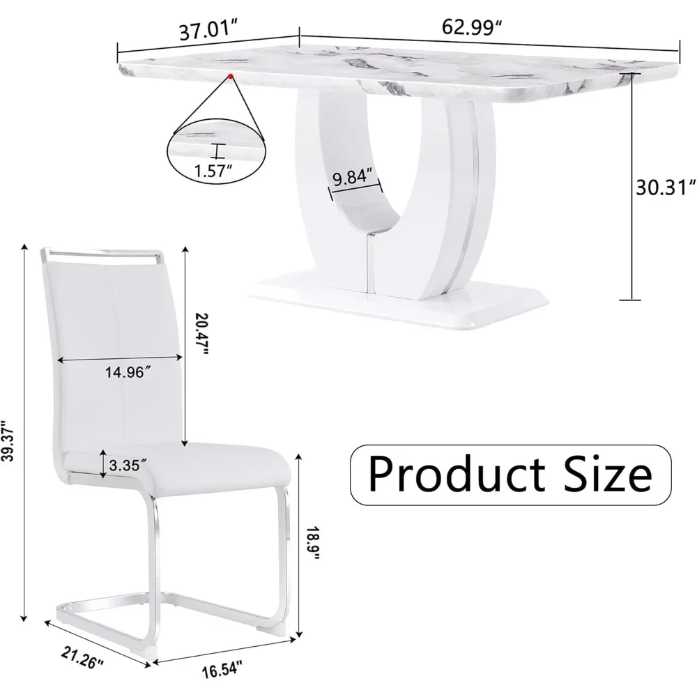 Marble dining table set 6,7 pieces rectangular dining dining table, 6 leather upholstered chairs, 6-8 people, with base