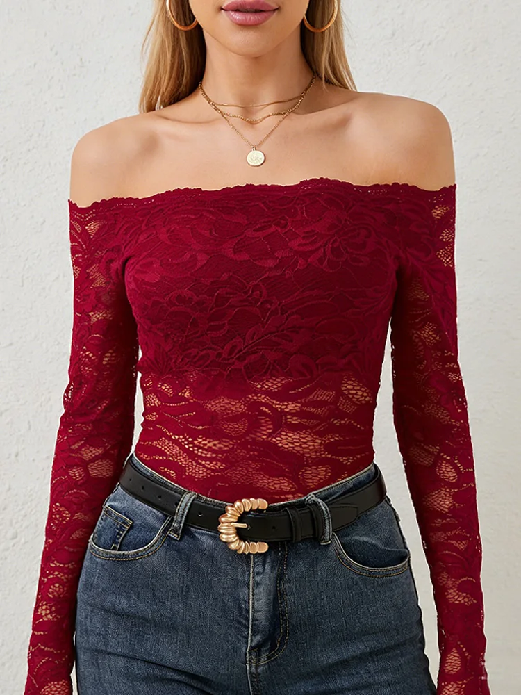 Nova moda sexy fora do ombro ver através de renda camisetas femininas elegante primavera mulher topos senhora do escritório manga longa magro tshirt
