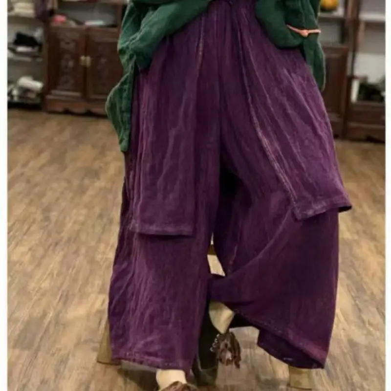 الربيع الصيف الفنون نمط المرأة مرونة الخصر فضفاضة الكاحل طول السراويل 100% الكتان مشرق خط الديكور خمر بنطال ذو قصة أرجل واسعة #4