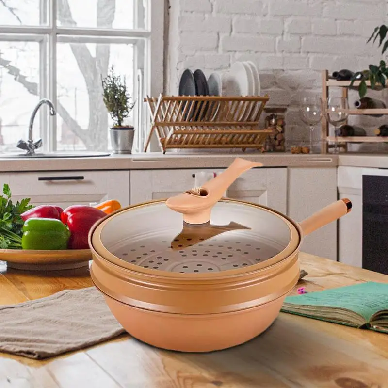 Iron Wok With Lid Non Stick Clay Wok With Steamer Basket Micropressure Clay Natural Frying Pan Titanium Household Frying Pan