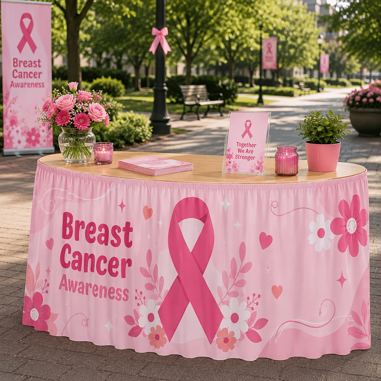 One tablecloth table skirt for breast cancer prevention and treatment. Pink ribbon design.