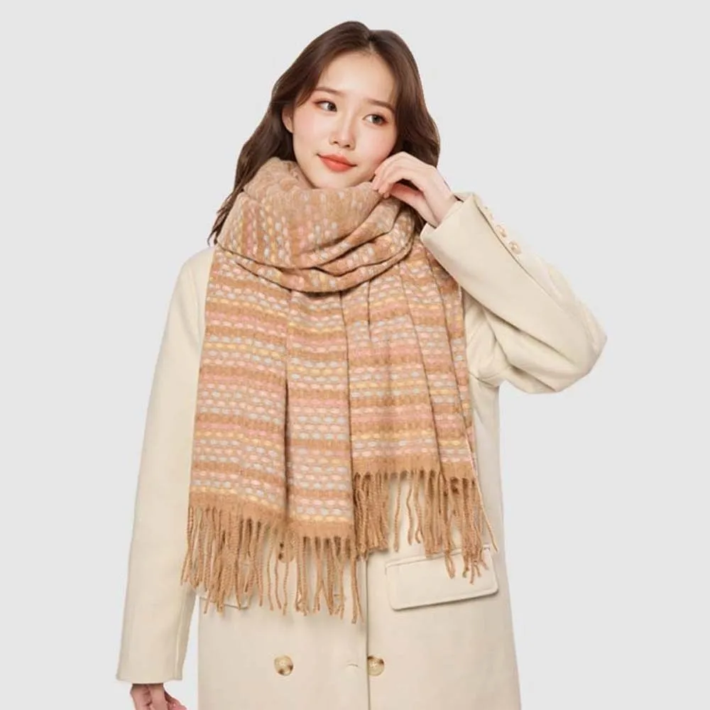 

Soft Dopamine Plaid Scarf Anti-cold Contrast Color Knitted Wool Shawl Korean Style Faux Cashmere Long Neckscarf with Tassel
