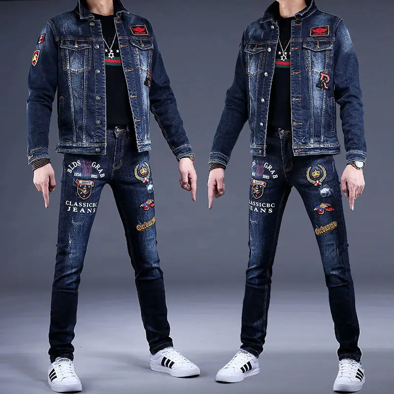 Premium Autumn and Winter New Embroidery Denim Jacket Set Men's Set Korean Fashion Casual Pants Slim Coat Top