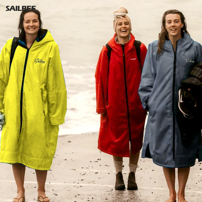 Waterproof Surf Changing Robe Hooded Cloak Beach Surfing Pool Outdoor Coat Lamb Wool Jacket Lining Anorak Raincoat Unisex Bath