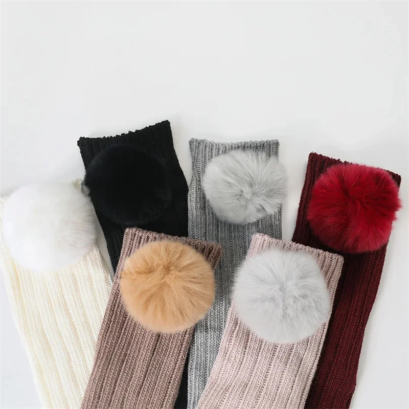 0-7Years Kids Girls Socks Cotton Solid Color Fur Ball Knee High Children's Socks For Girls Winter Warm Knitted Baby Stocking