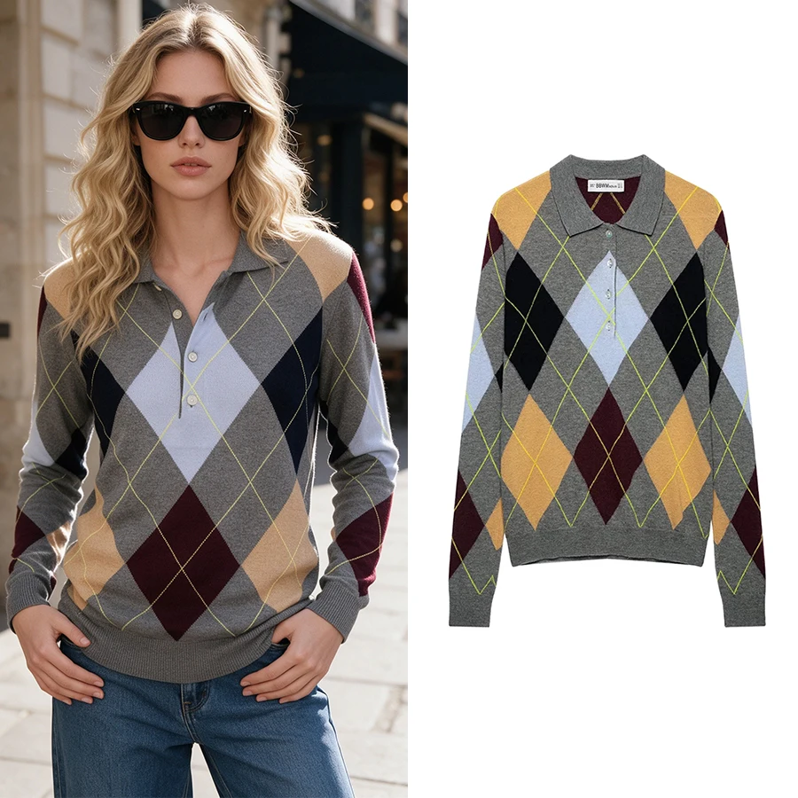Women Pullover Knitwear Polo Plaid Sweaters Women 2026 Long Sleeve Knitted Tops Vintage Fashion Chic Jumpers Lady Sweaters