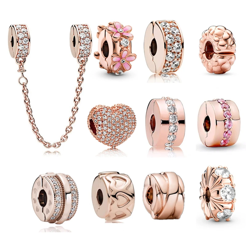 Rose Gold Plated Sparkling Clip Charm 925 Sterling Silver Bead for Women Fit Original Pandora Bracelet Bangle DIY Jewelry Gift