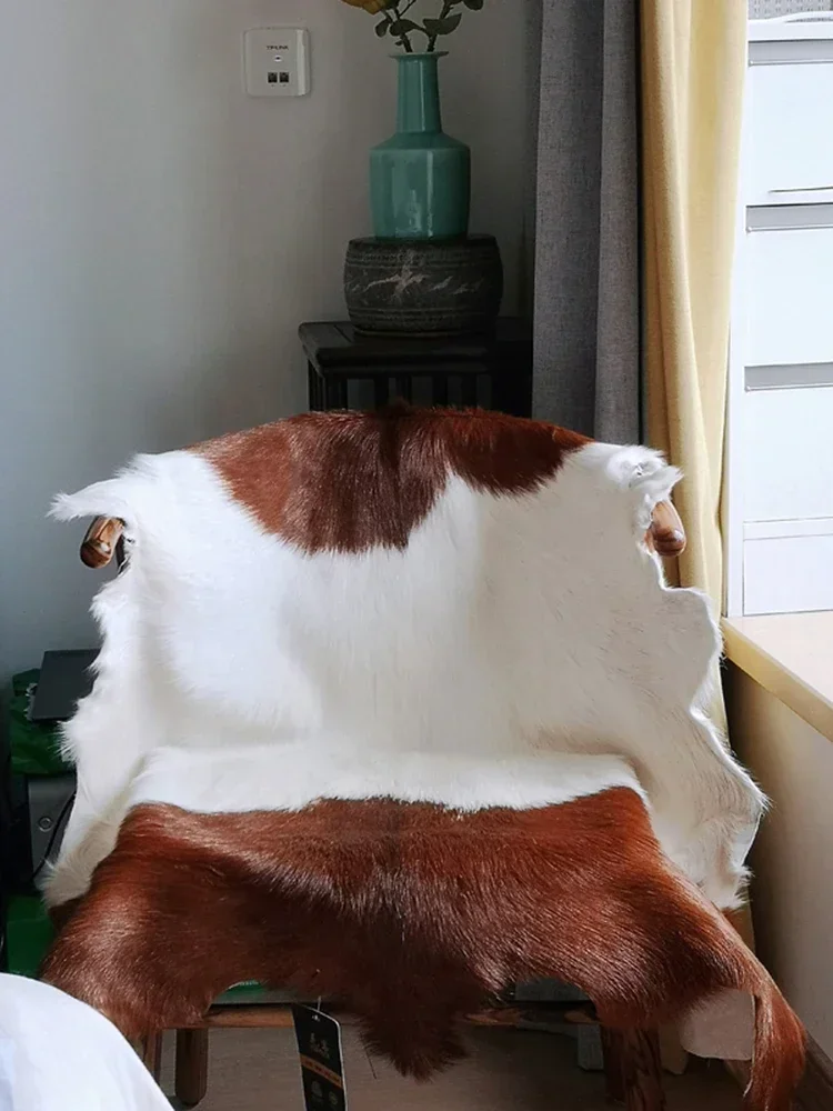 Natural Gogoat Skin Wool Leather Chair Cushion, Unique Rug, Brown, White, Black Carpet, Bay Window