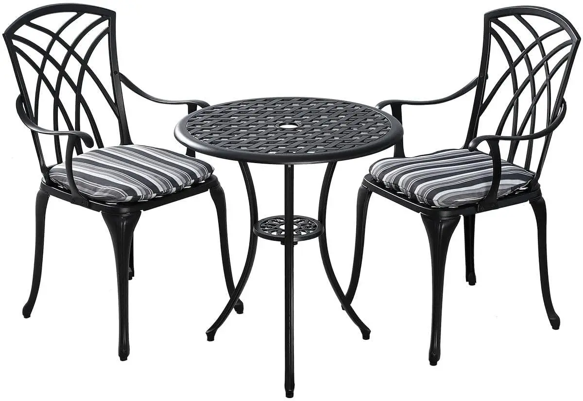 Home Ekta 24-Inch Patio Bistro Sets 3 Piece Cast Aluminum Bistro Table and Chairs Set with Umbrella Hole Bistro Set of 2