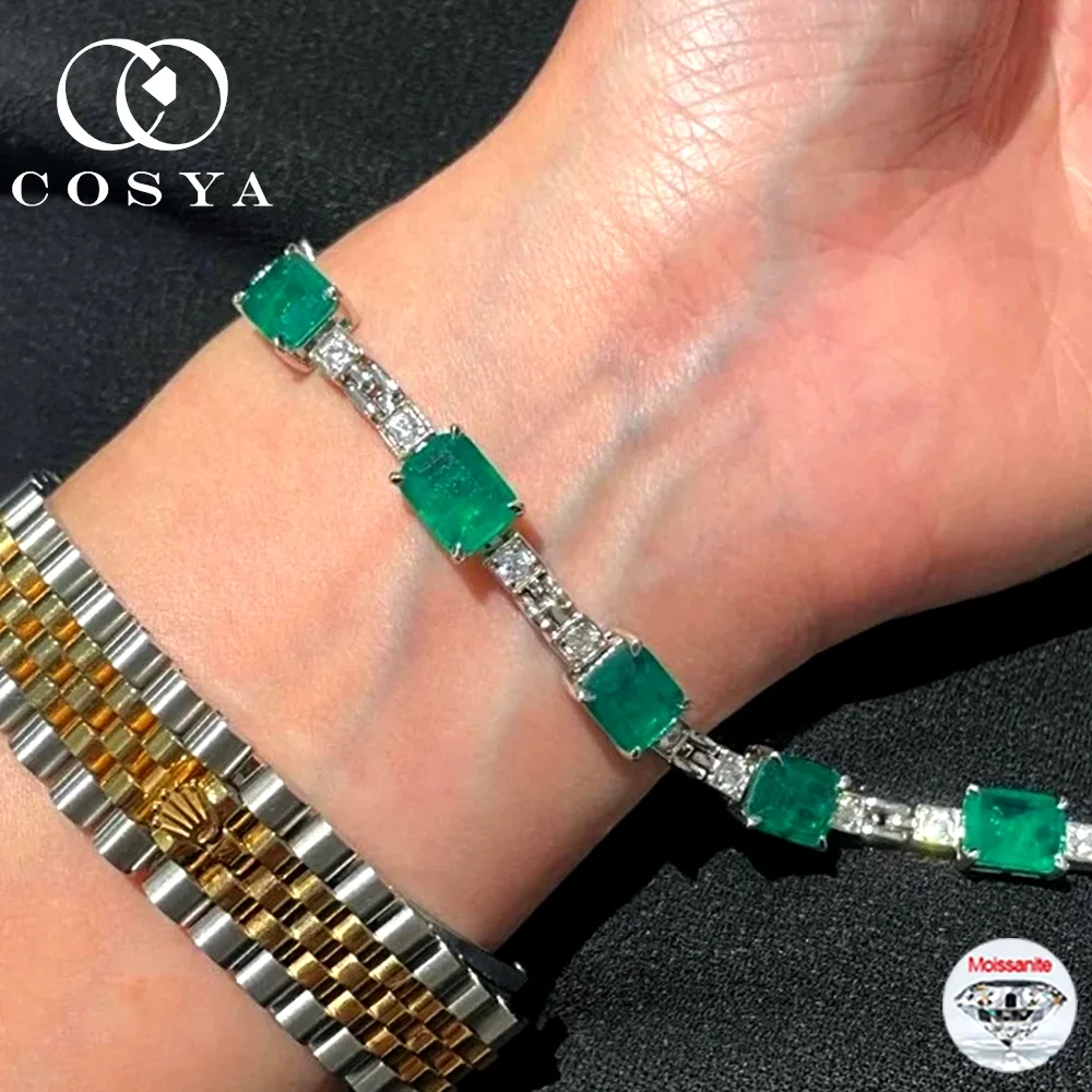 

COSYA S925 серебряные изумрудные браслеты с высокоуглеродистыми бриллиантами для женщин, свадебный браслет для помолвки, изысканные роскошные ювелирные изделия, подарок