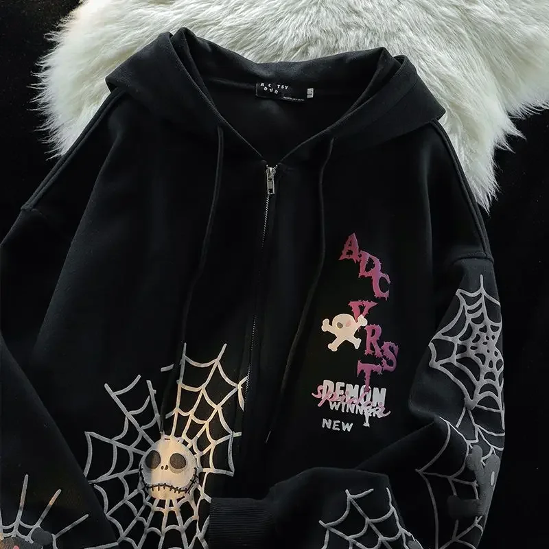 Couples Tops Women Y2k Vintage Spider Skull Print Hip Hop Sweatshirt American Men High Street Sudaderas Mujer Lace-up Hooded