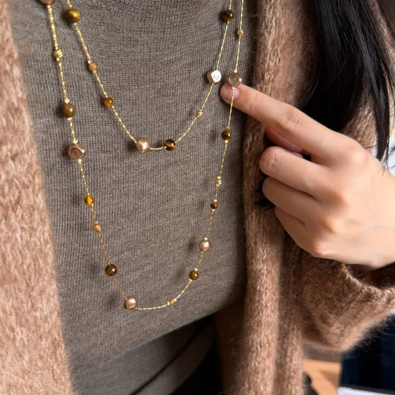 Herbst- und Winter-Halskette mit langen Tigerauge-Steinperlen für Damen – Beliebte neue Schmuckaccessoires 2026