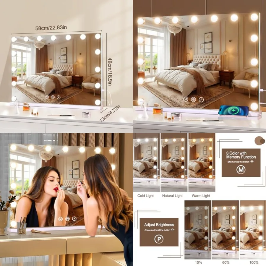 

Vanity Makeup Mirror with Lights, Light Up Mirror with Smart Touch 3 Colors Dimmable, Memory Function