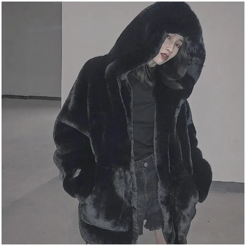 Imitation Rex Rabbit Fur Jacket Women Overcoat Autumn Winter 2024 New Thicke Warm Parka Fashion Loose Mid-Length Hooded Fur Coat