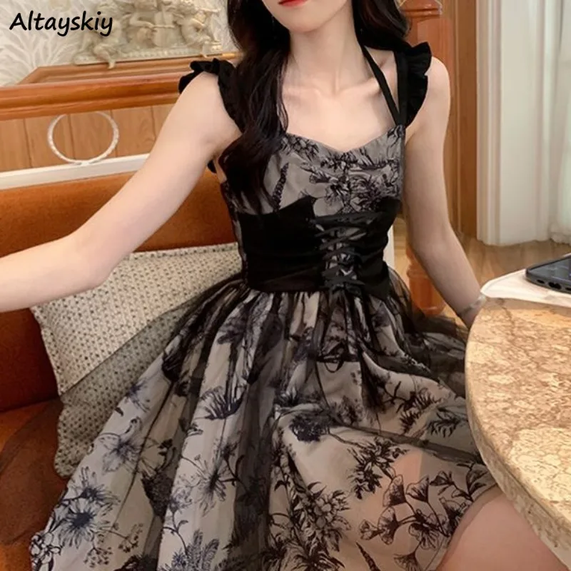 Sleeveless Dresses for Women Printing Elegant Mesh Design Mini Female Summer Clothing Fit All-match Inside Fashion Korean Style