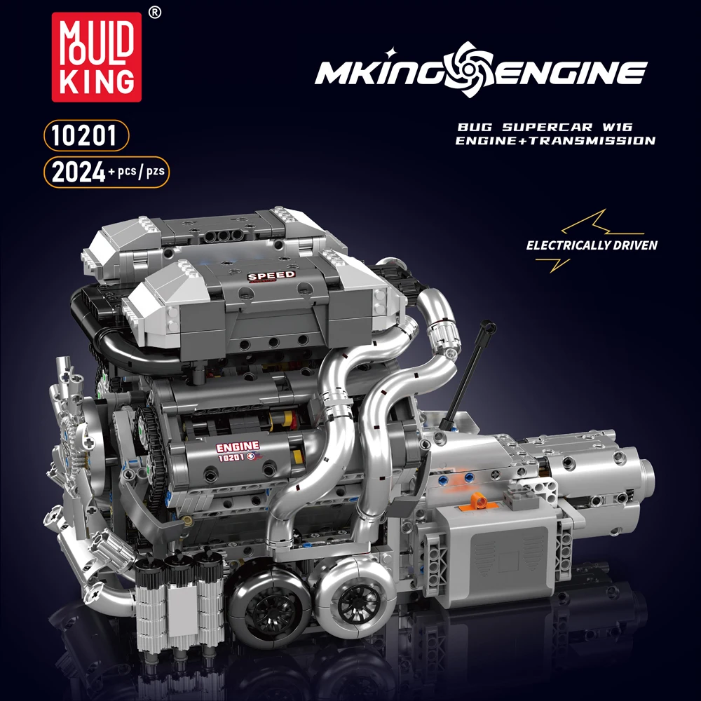 Mould King 10201 BUG Supercar W16 engine with gearbox Model Building Block kits MOC Motor drive puzzle Brick Toy for kid Gift