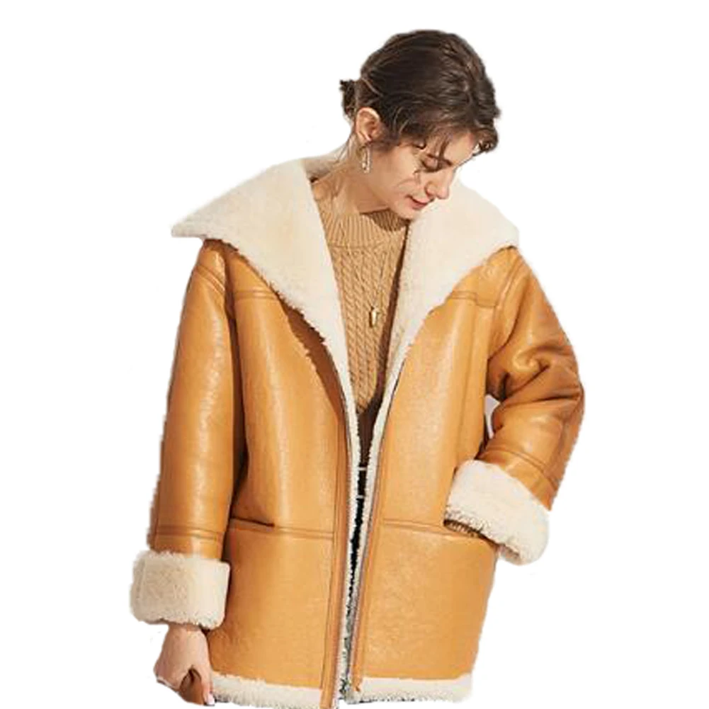 Denny&Dora Womens Shearling Jacket Casual Coat Womens Winter Coats Moto Jacket Women Sheepskin Coat