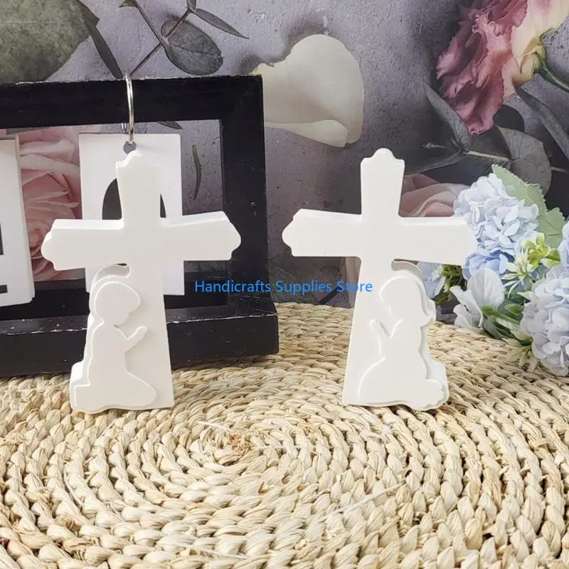 R1WA Oración niño y niña cruza figuras adornos silicona moho vela jabón para decoraciones caseras y eventos