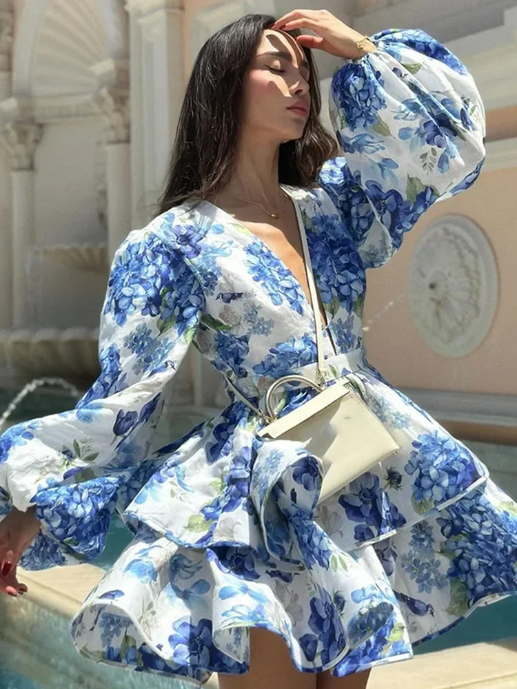 Azul floral impressão inchado em camadas babados mini vestido feminino elegante lanterna manga com decote em v cintura alta vestidos senhora vestidos de férias