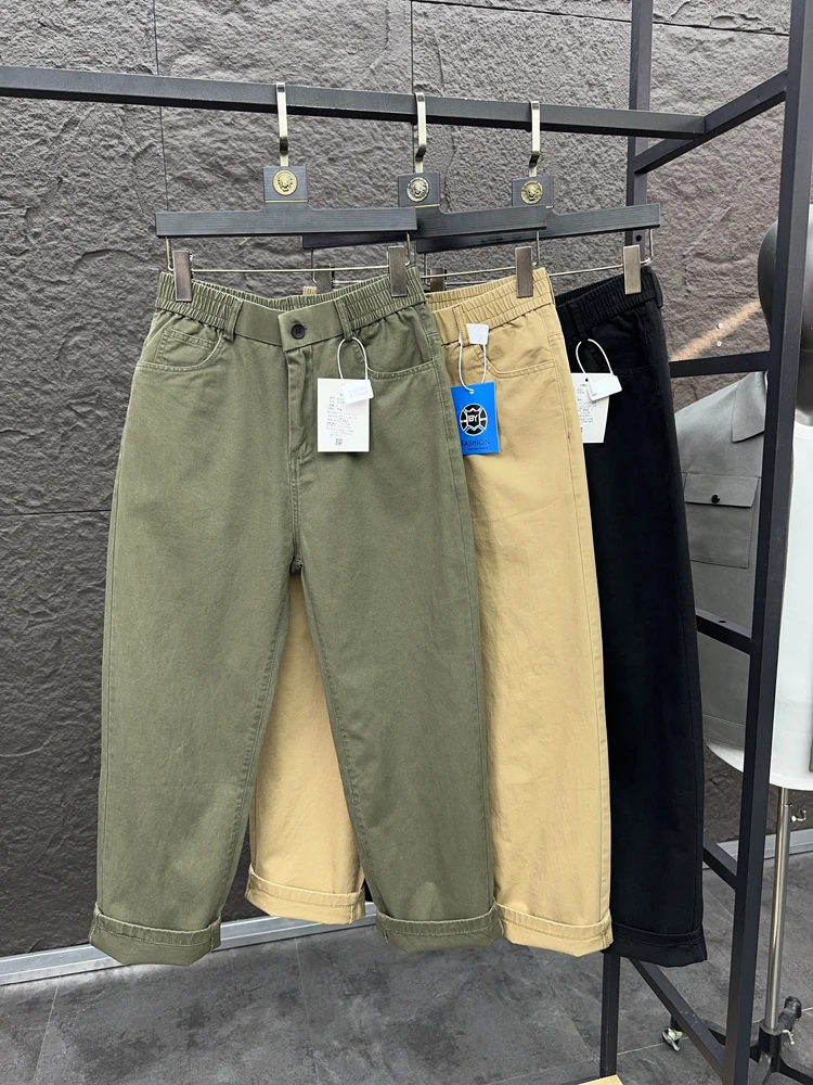 

Classic Men's Wide Leg Pants 00 Cotton Elastic Waist Knife Cut Straight Casual Trousers Comfortable Spring Pure Color