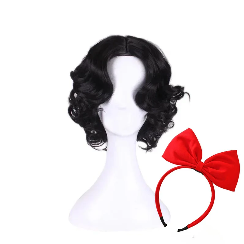 

Аниме Белоснежка, принцесса для девочек, взрослых женщин, короткий боб, волна, черный парик для косплея или повязка для волос с красным бантом, парики для Хэллоуина