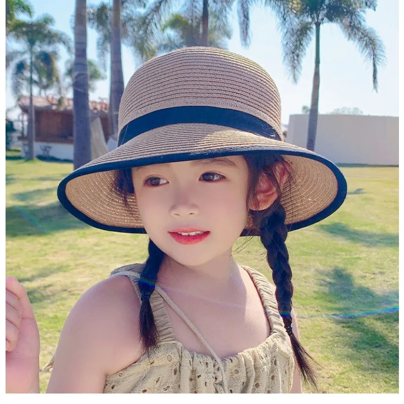 Fashion Straw Woven Hat Kids Girls Beach Hat Outdoor Travel Sun Hat Baby Beanie UV Protection Bucket Hats for Children