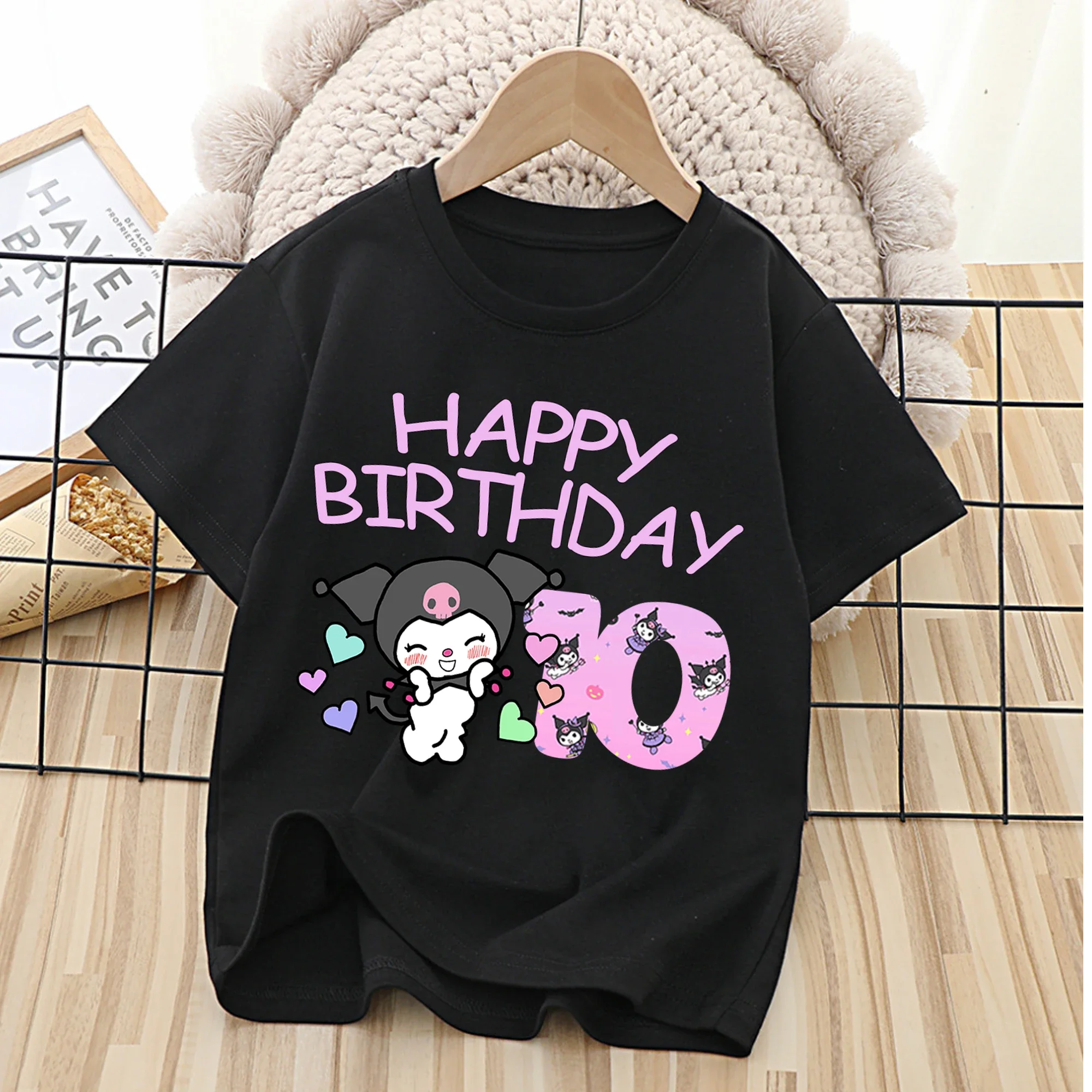 Kuromi T shirt Children Birthday Clothes Sanrio Print Kawaii Cartoon Boy Girl Short-Sleeve Tops Baby Tee Clothing Birthday Gift