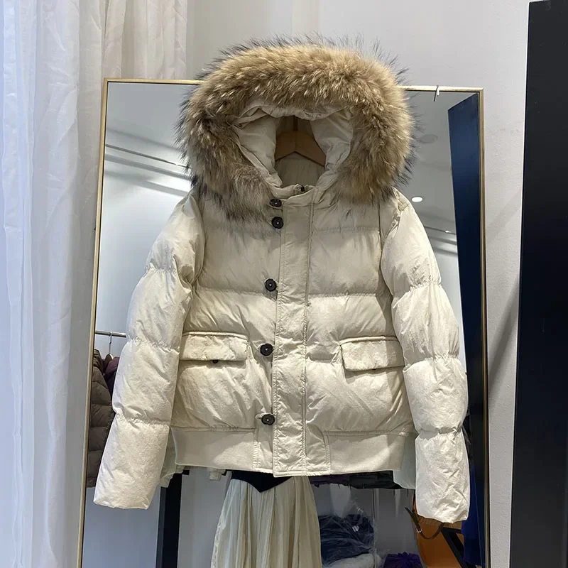 Parka de nieve de piel de zorro auténtica para mujer, chaqueta de plumón de pato blanco con cuello de lana, abrigo de invierno holgado y grueso de talla grande, prendas de vestir
