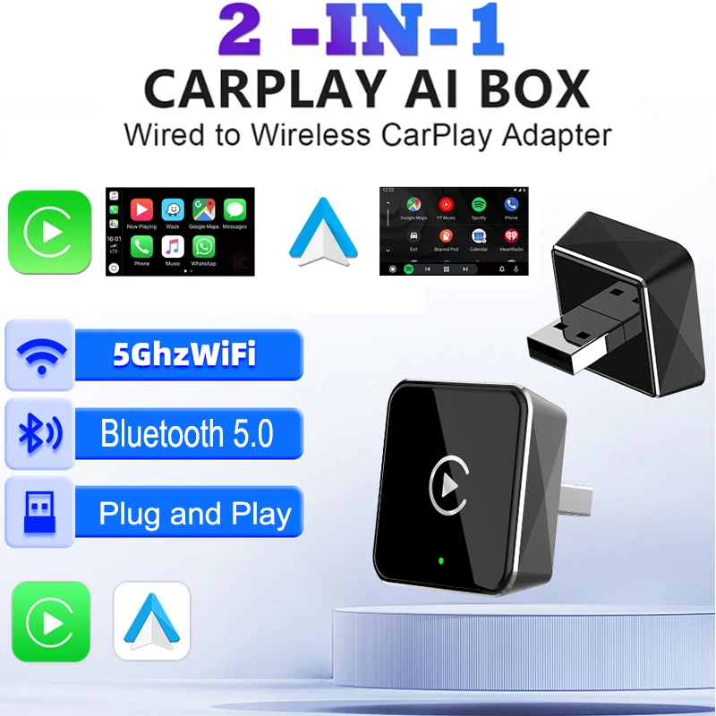 

2in1 Wireless Carplay&Android Auto Box 2in1 Wired to Wireless Dongle Automatic Connect Adapter Plug&Play For Benz Kia Chery VW