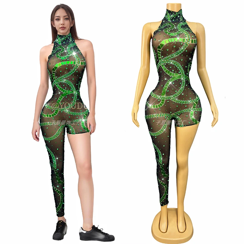 

Showgirl Stage Costume Black Green Rhinestone Sleeveless Bodysuit Model Singer Performance Outfit Festival Rave Clothing VDL3523