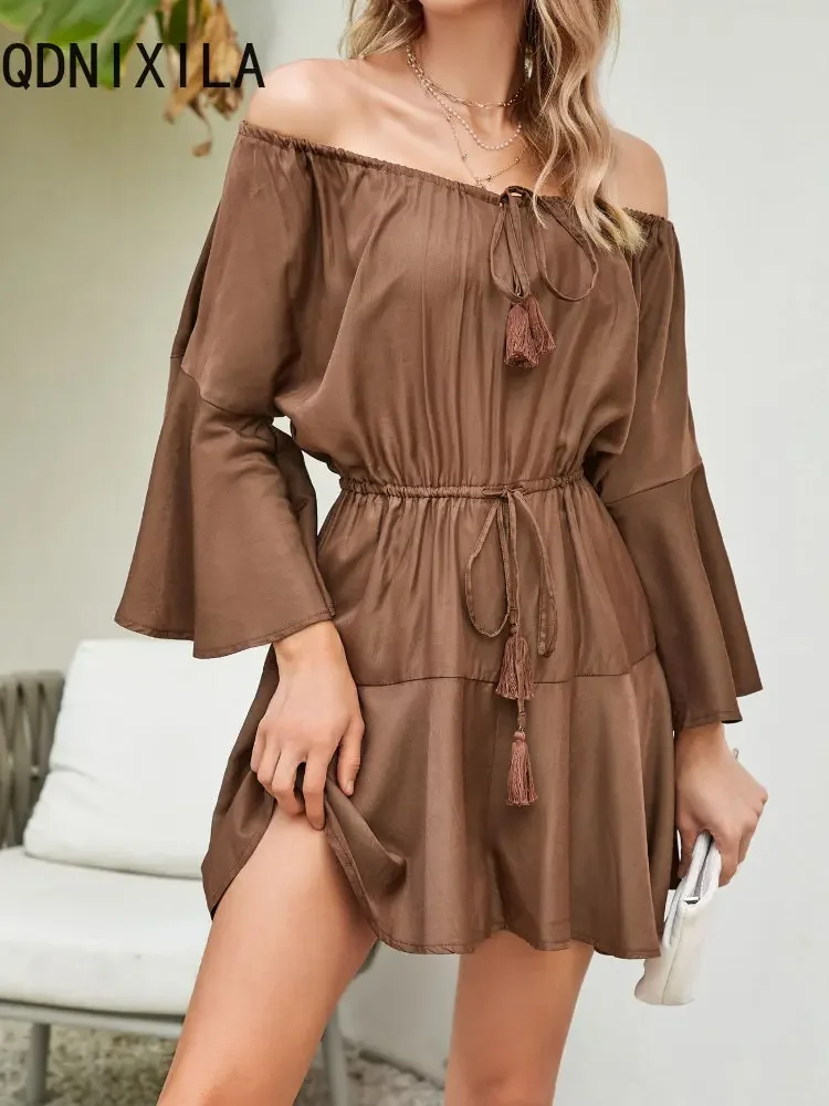 One Line Neck Loose Fitting Jumpsuit Women New High Waist Drawstring Tie Up Pagoda Sleeve Sexy Summer Clothing for Women Rompers