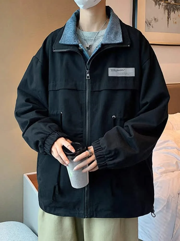 

American Retro Workwear Jaet for Men Vintage Design Unique Sle Middle School Student Coat Pure Color Zipper Closure Loose...