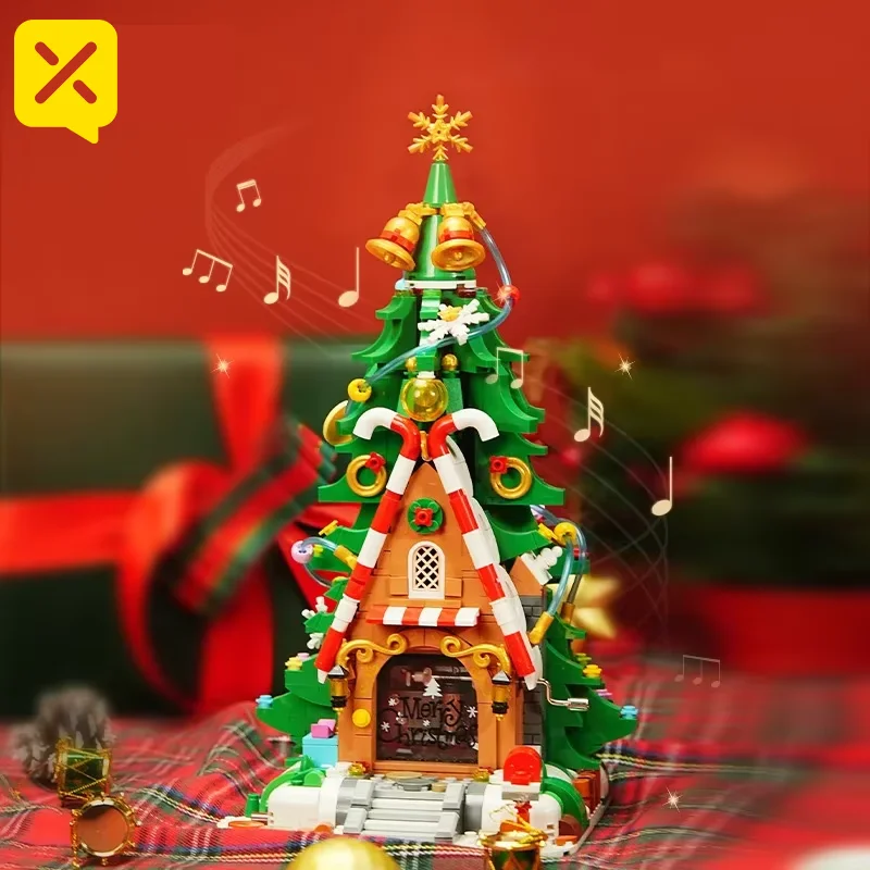 

Christmas Elf Treehouse Building Blocks Music Box Festive LED Light Decorations Home Desktop Ornaments Family Christmas Gift