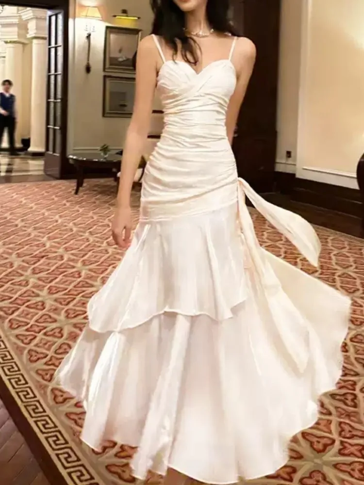 

Elegant Ruffles Spaghetti Women Long Dresses Fashion Strap Sleeveless Princess Party Dress Summer Slim Waist Casual Vestidos New
