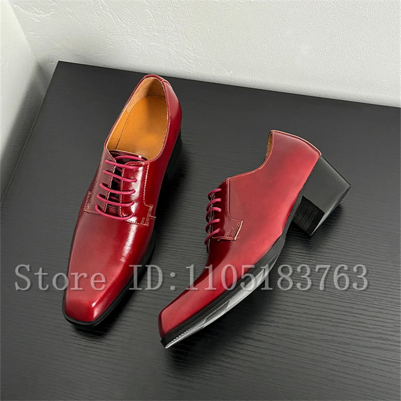Men Glossy Bright Color Genuine Leather Lace Up Dress Oxford Shoes Square Toe Mid Block Heel Height Increasing Formal Shoes