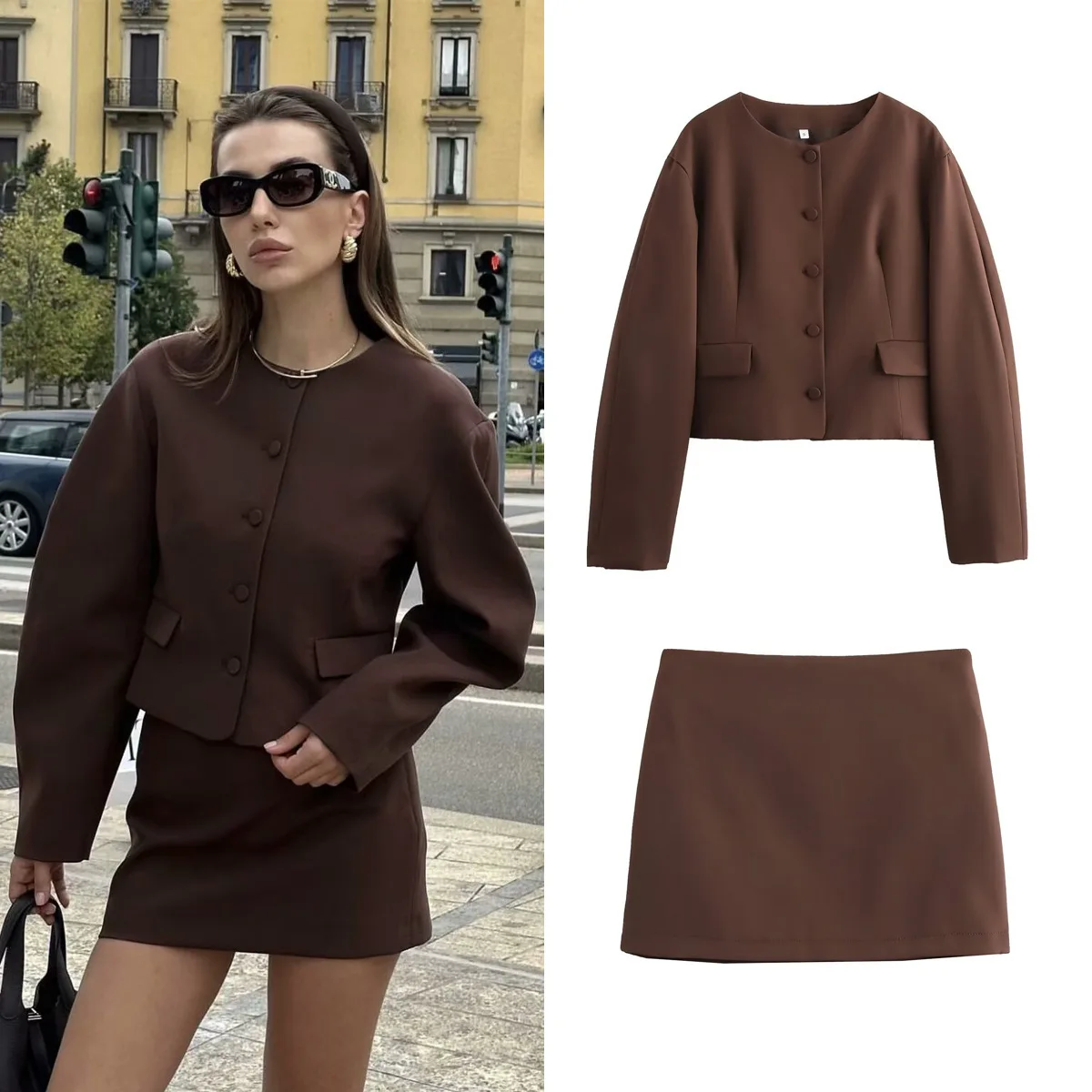 

Women's Clothing 2025 Autumn Balloon Style Round Neck Short Jacket + Mini Skirt Two-Piece Set