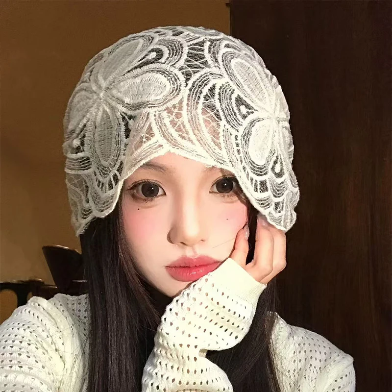 New Drawstring White Hollow Out Flower Bonnet Spring Women's Knitted Embroidered Soft Breathable Elegant Exquisite Hat Cute Gift
