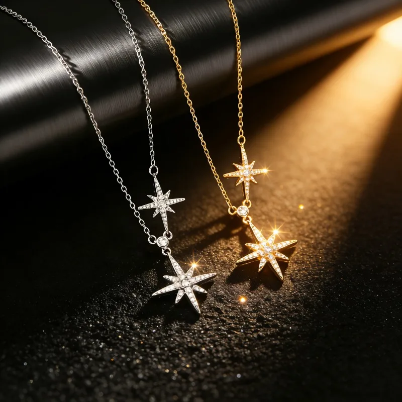 European and American cross-border six-mang double star zircon light luxury necklace niche copper inlaid with flash