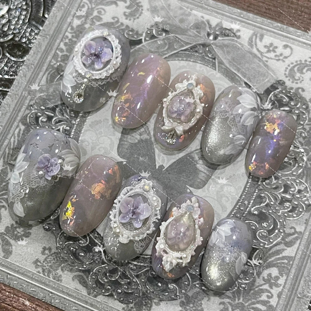 جودة عالية خمر المحكمة اليدوية طويلة القطع الناقص اضغط على مسمار رسمت باليد الزهور فراشة القط العين اللؤلؤ حجر الراين الأظافر وهمية #2