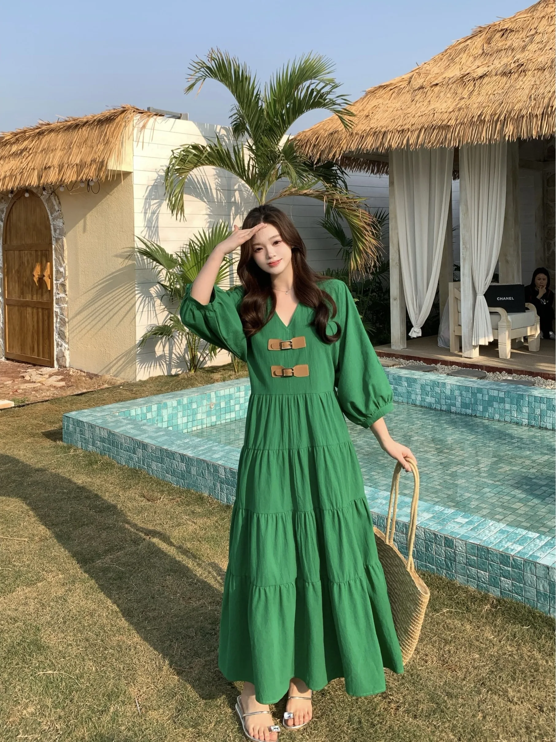 Francês com decote em v botões exclusivos mangas de três quartos em camadas saia de bolo para passeios de praia feminino férias com vestido grande queimado