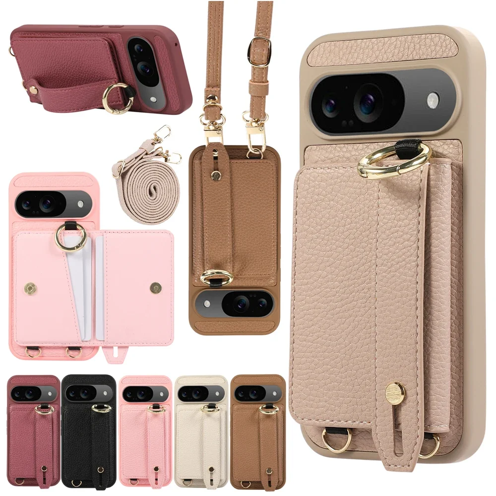 

Crossbody Wrist Strap Leather Wallet Case Phone Cover Phone Case for Google Pixel 9 8 Pro 8a 7a Ring Holder Shockproof Shell