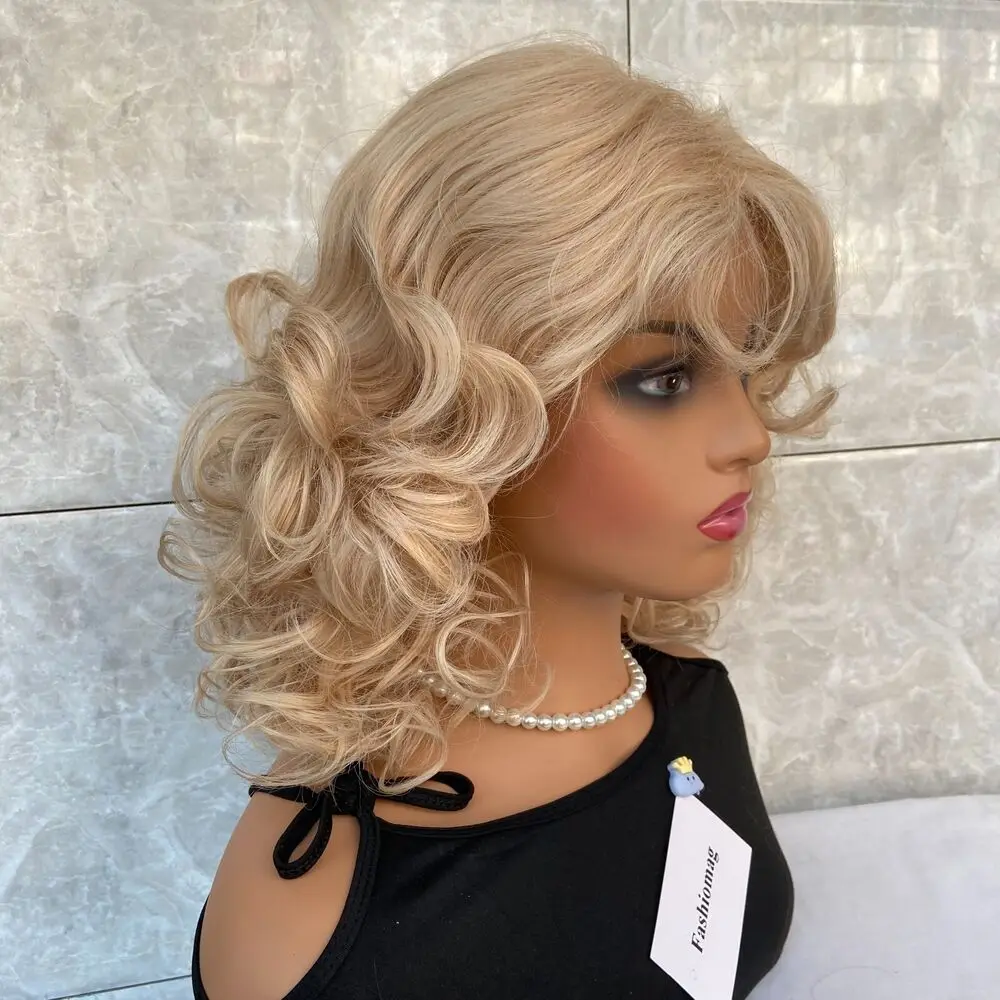 Dolly Parton Out Layer Cut Fluffy Wavy Human Hair Blend Heat Ok Synthetic Wigs Soft