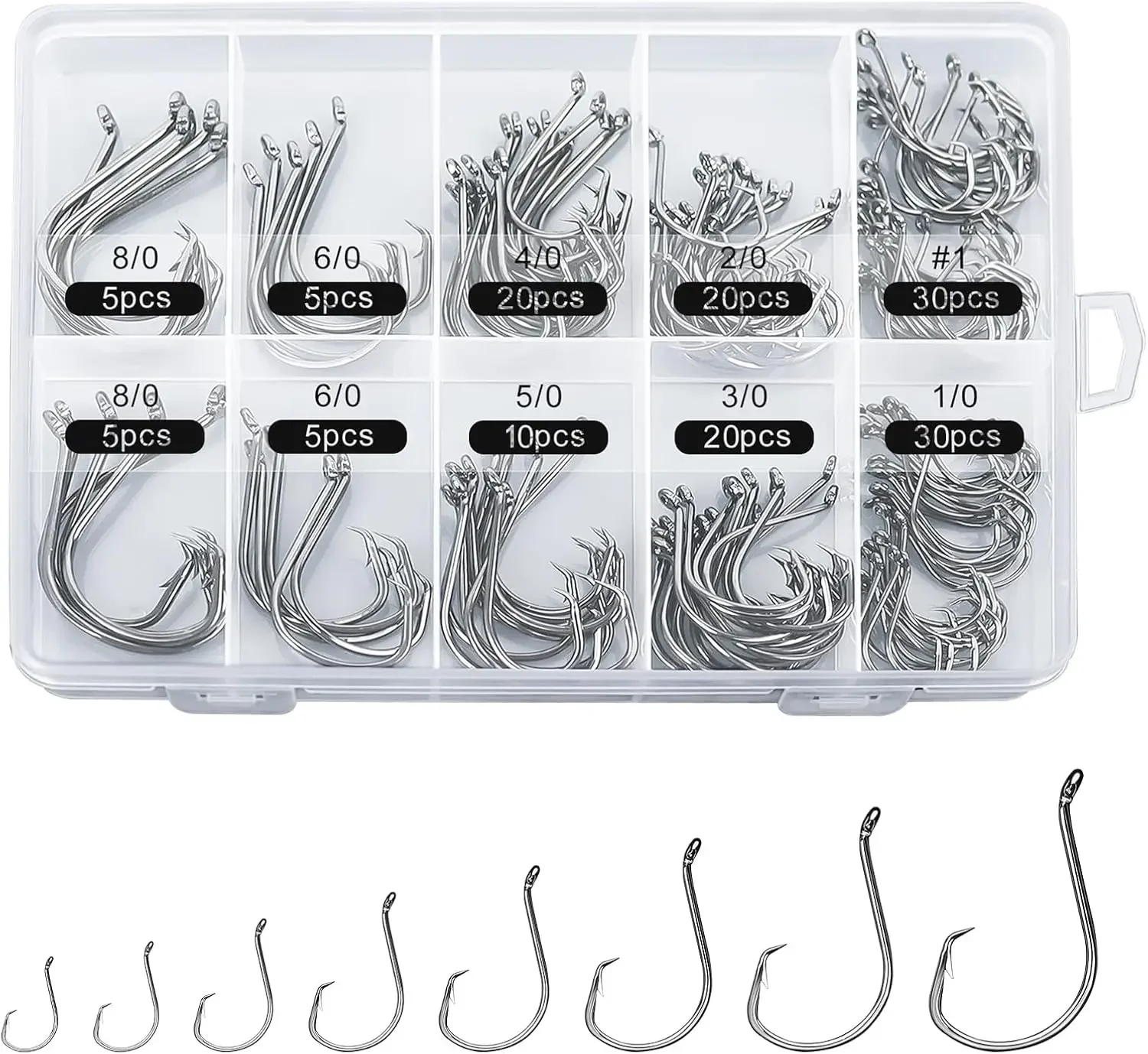 

150PCS Circle Hooks, High Carbon Steel, Fresh & Saltwater, Sizes #1-8/0