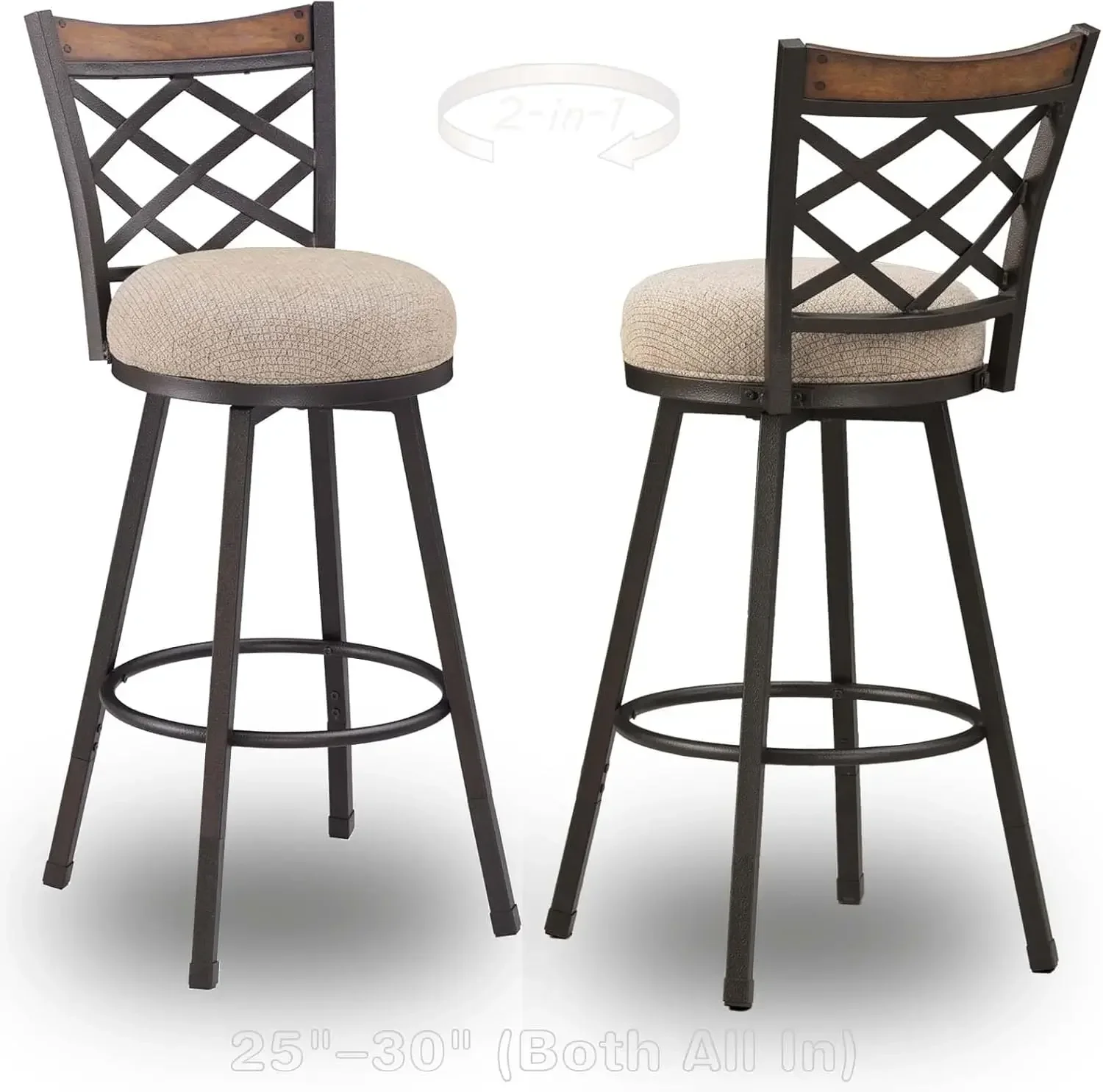 Farmhouse Swivel Bar Stools with Backs Set of 2- Adjustable Height 25