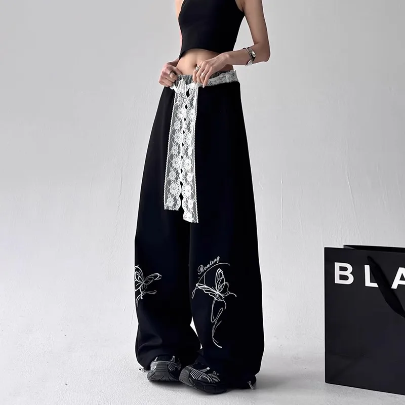 

Off Retro Lace Casual Pants Women Sweet And Spicy Girl Ele Spring High Waist Long Pants Commute Sle Thin Polyester C...