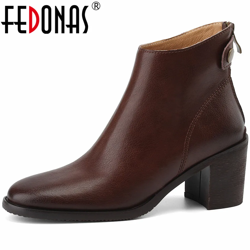 

FEDONAS Retro High Heels Women Ankle Boots Classic Genuine Leather Short Boots Autumn Winter Office Lady Working Shoes Woman New