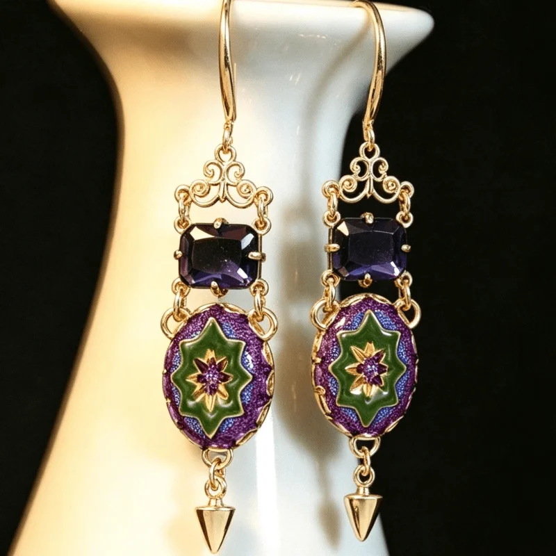 Vintage Gothic Gold Color Drop Earring For Women Purple Rectangle Crystal Star Enamel Dangle Earrings Party Wedding Jewelry Gift