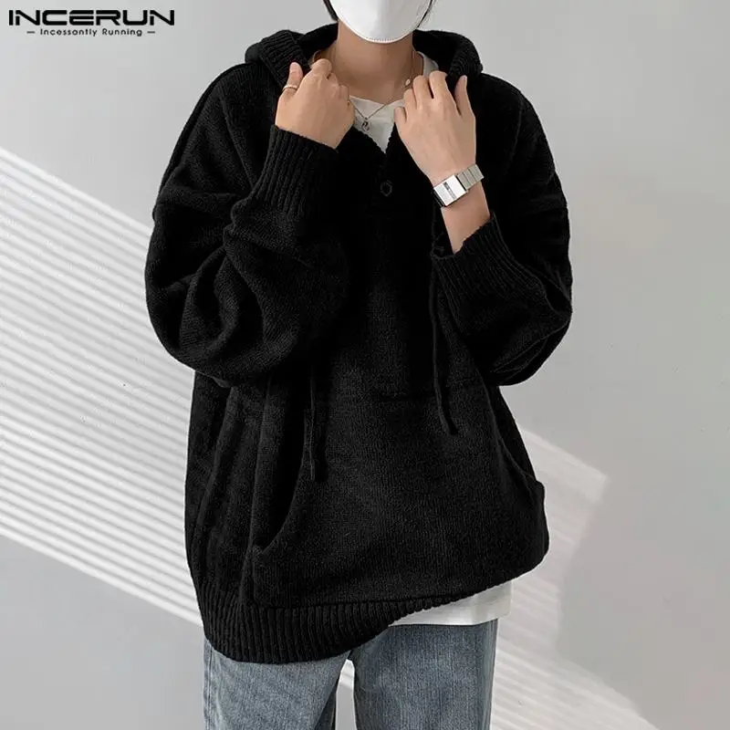 INCERUN Men Casual Long Sleeve Hoodies Solid Loose Pocket Streetwear Tops Korean Fashion Simple Vintage Pullovers Sweatshirts